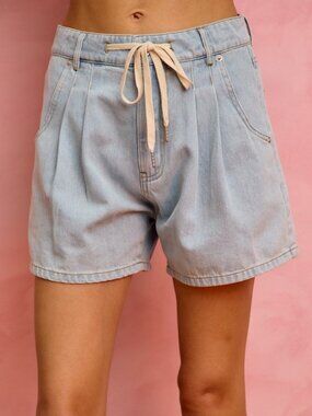 Mid Rise Denim Shorts With Cotton Tape Drawstring